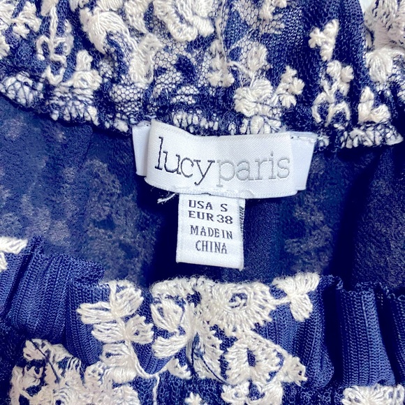 Lucy Paris size Small navy blue with white embroidery off-shoulder blouse - Picture 3 of 5